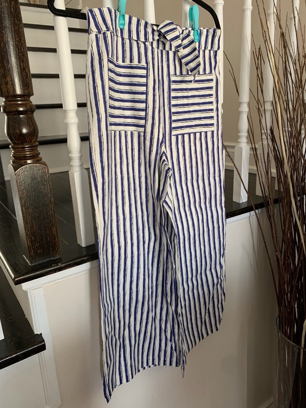 Striped Blue and White Wide-Leg Linen Like Pants